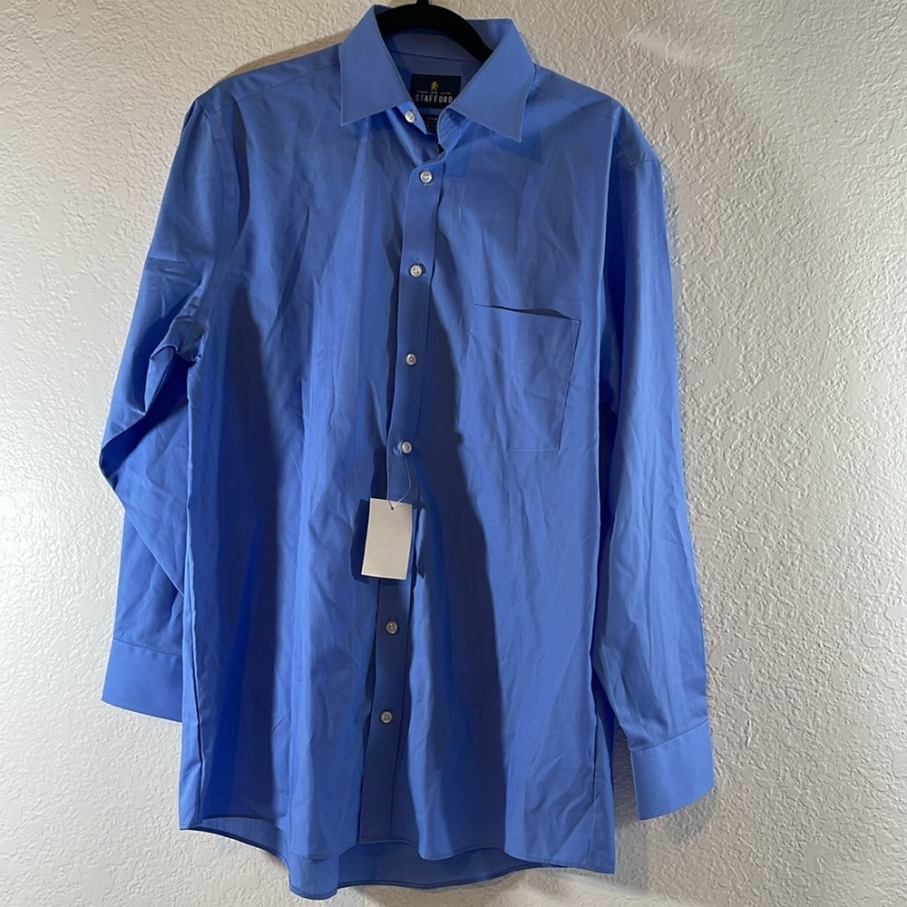 STAFFORD Long Sleeve Casual Bottoms Down Blue Shirt Regular Fit Size 15.5 NEW